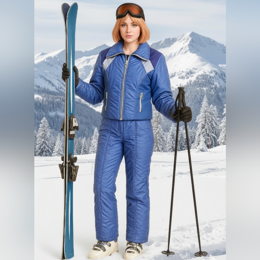 Vintage HCC Switzerland Blue Purple 2pc Ski Suit Set EU42 US 2-4 Retro 80s